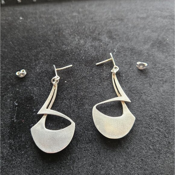 Modernist Amber & Sterling Silver Statement Earrings Abstract Crescent Design - Picture 6 of 9